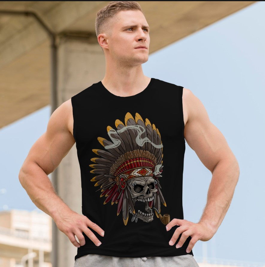 Футболка безрукавка майка "Череп арт готика скелет Геловін індіанець пір'я" ВСІ Розміри Преміум тканина