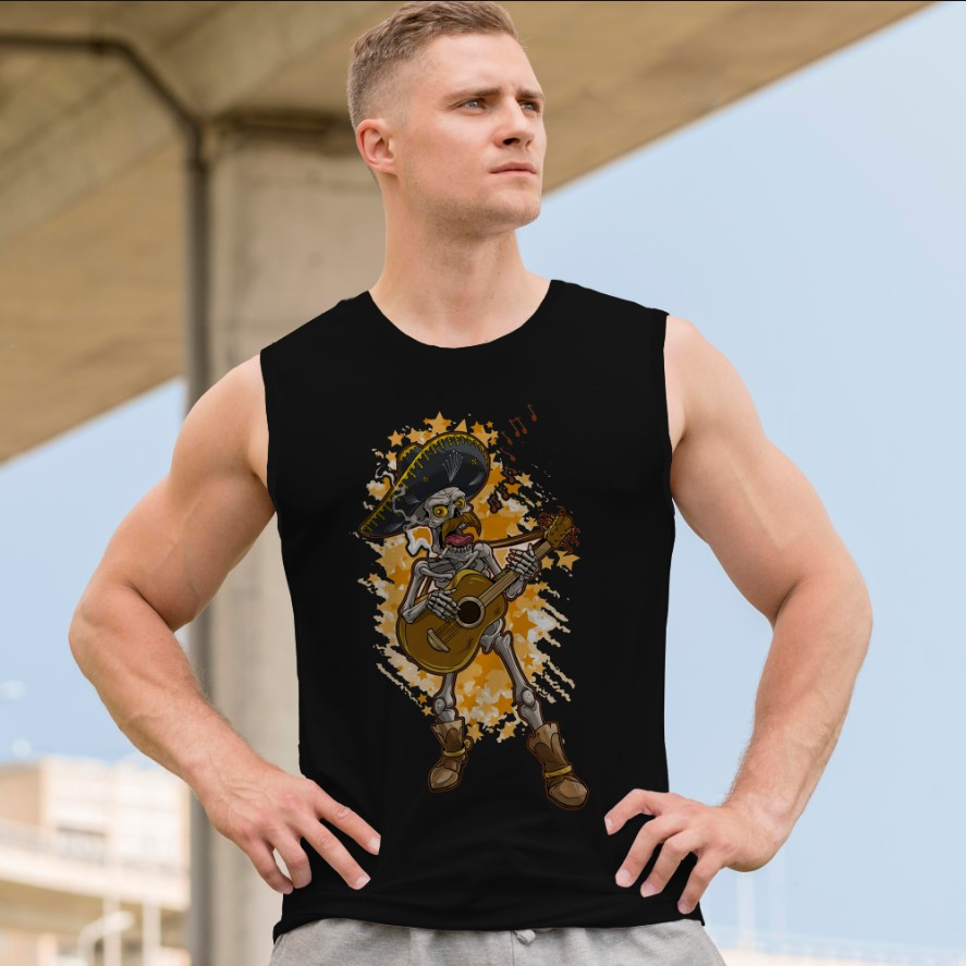 Футболка безрукавка майка "Череп арт готика скелет Геловін грає на гитарі самбреро" ВСІ Розміри Преміум тканина