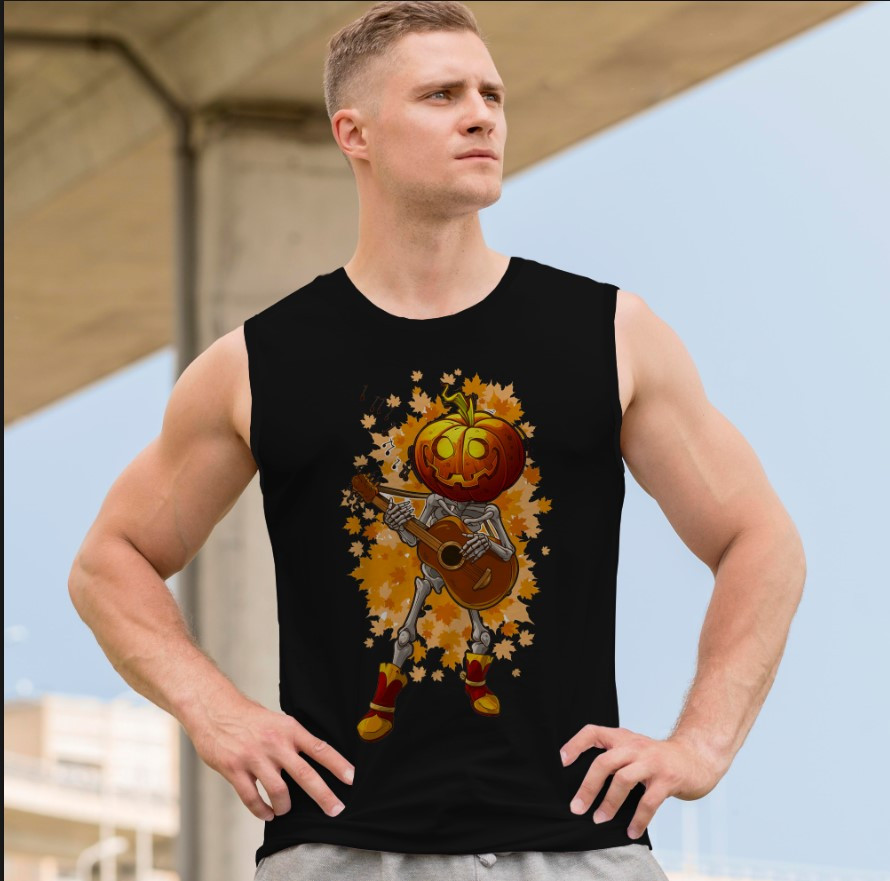 Футболка безрукавка майка "Череп арт готика скелет Геловін гарбуз грає на гитарі" ВСІ Розміри Преміум тканина