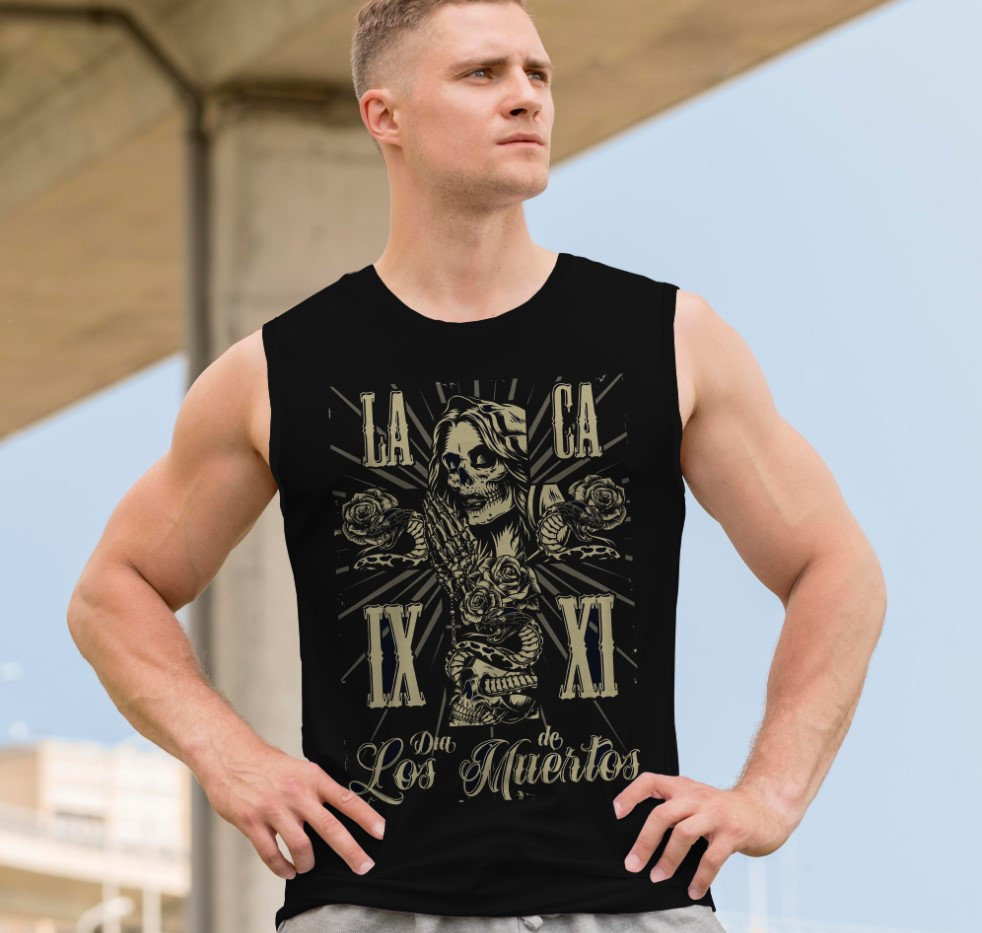 Футболка безрукавка майка "Череп арт готика написи ретро вінтаж ганстер муерто" ВСІ Розміри Преміум тканина