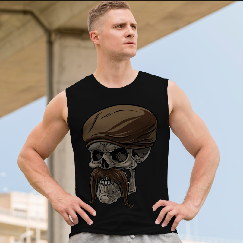 Футболка безрукавка майка "Череп арт готика кольоровий кепка вуса" ВСІ Розміри Преміум тканина