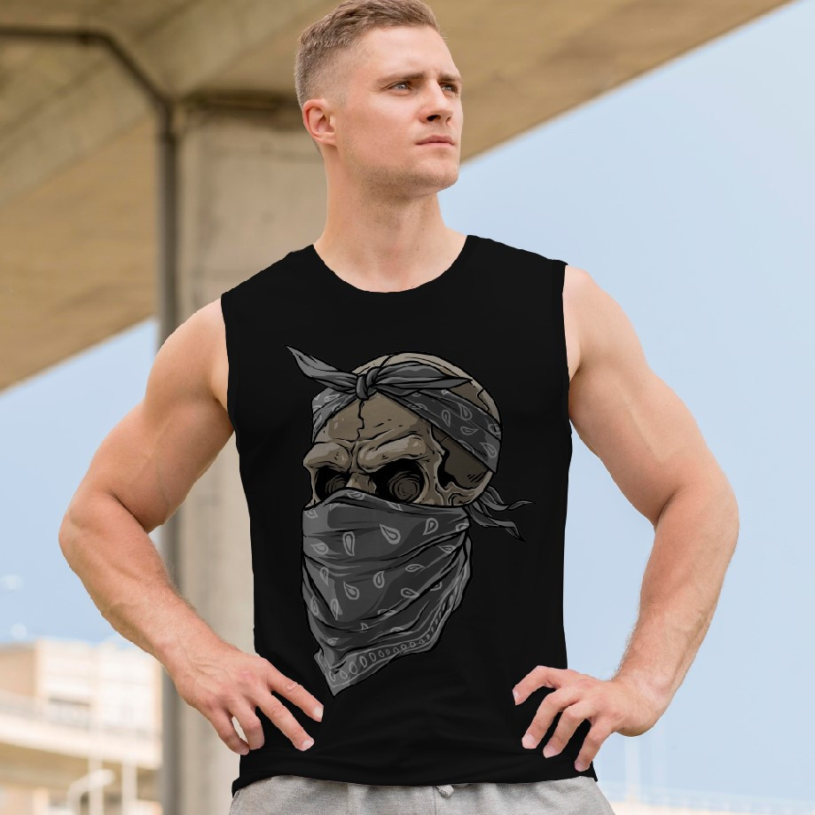 Футболка безрукавка майка "Череп арт готика кольоровий бандана сіра" ВСІ Розміри Преміум тканина