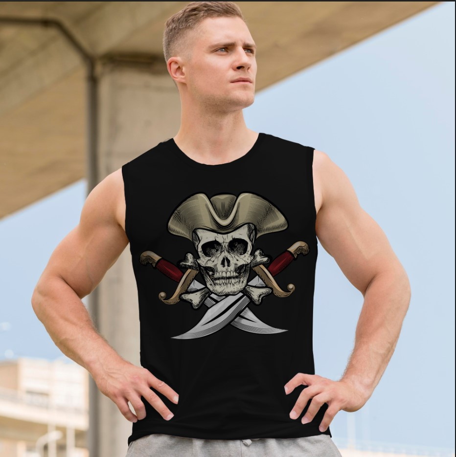 Футболка безрукавка майка "Череп арт готика кольоровий бандана пірат мечі 2" ВСІ Розміри Преміум тканина