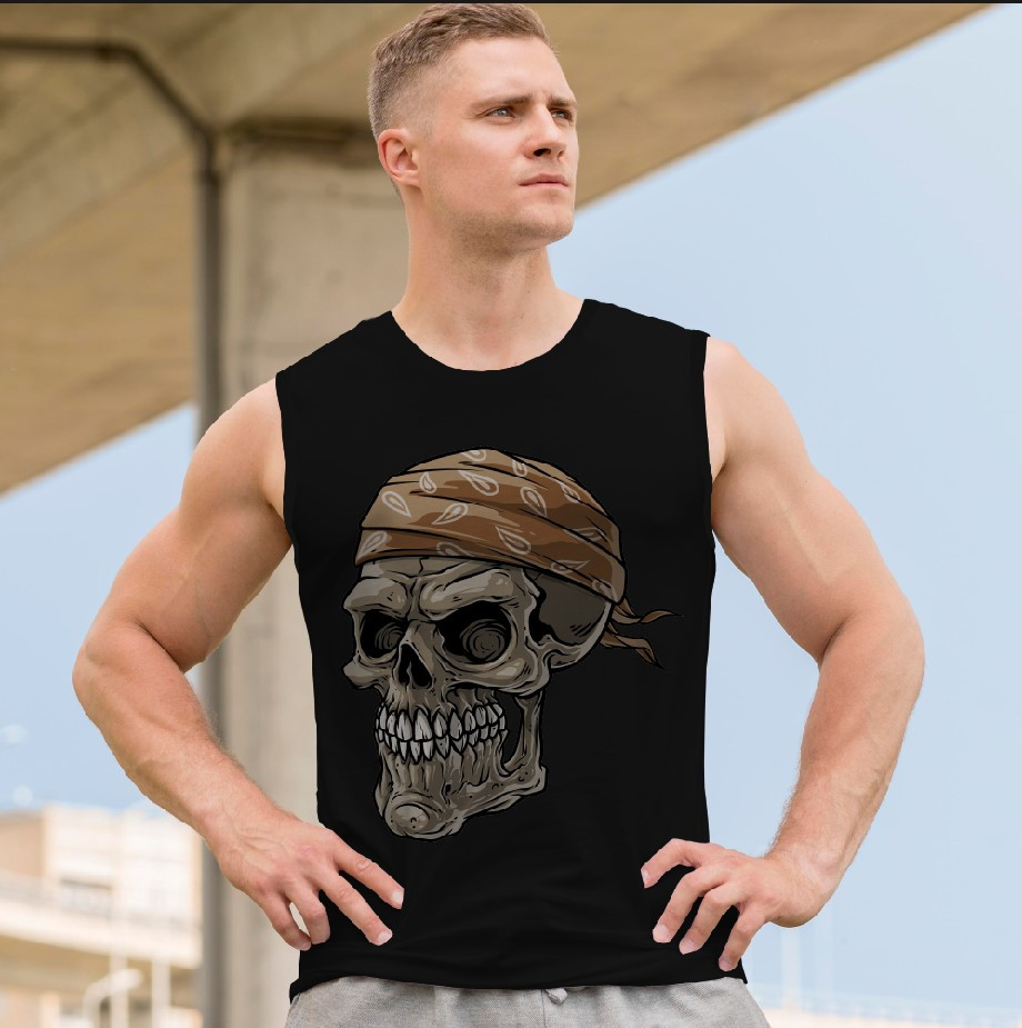 Футболка безрукавка майка "Череп арт готика кольоровий бандана коричнева" ВСІ Розміри Преміум тканина