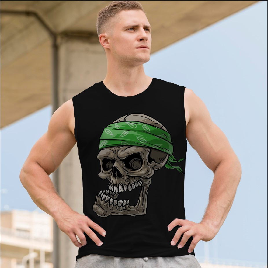 Футболка безрукавка майка "Череп арт готика кольоровий бандана зелена" ВСІ Розміри Преміум тканина