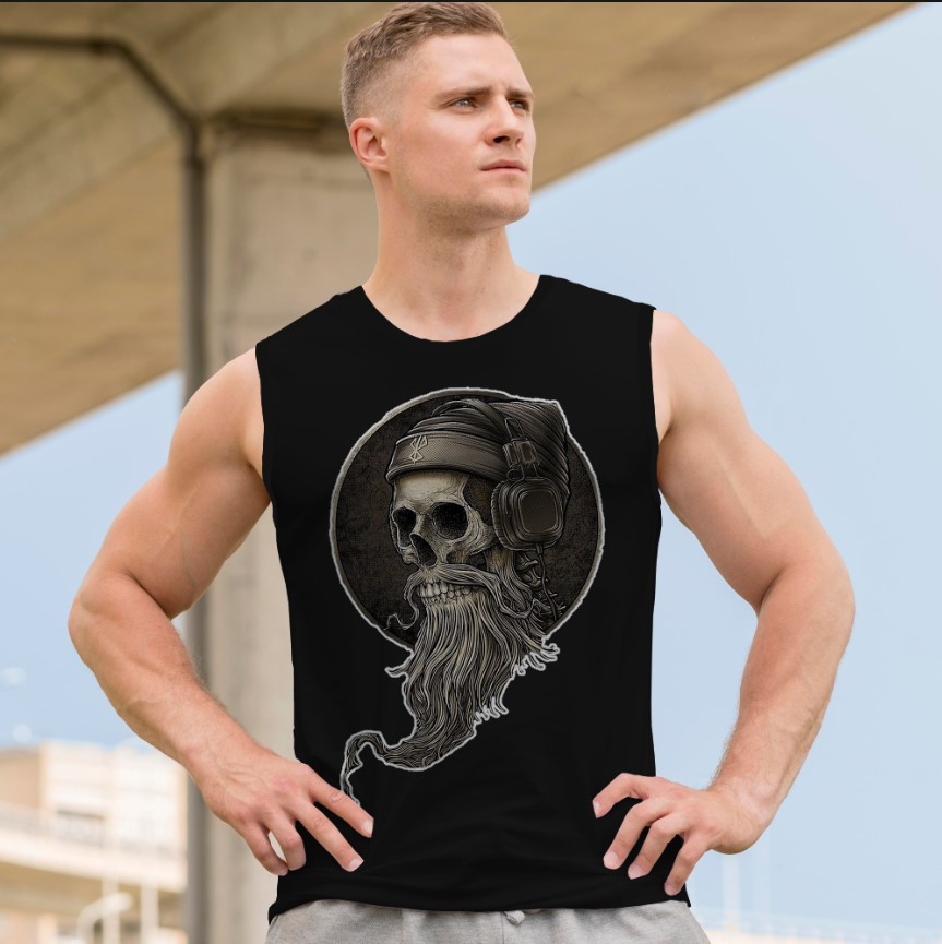 Футболка безрукавка майка "Череп арт готика борода навушники барбер" ВСІ Розміри Преміум тканина