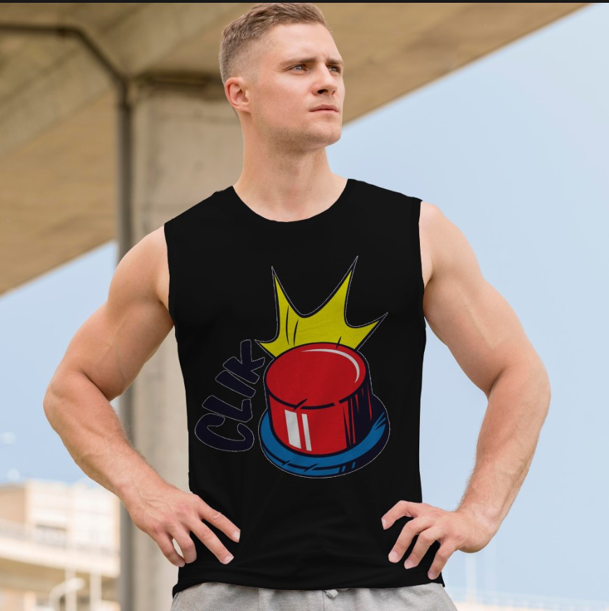 Футболка безрукавка майка "Прикольний мем знак червона кнопка клік натиск арт" ВСІ Розміри Преміум тканина