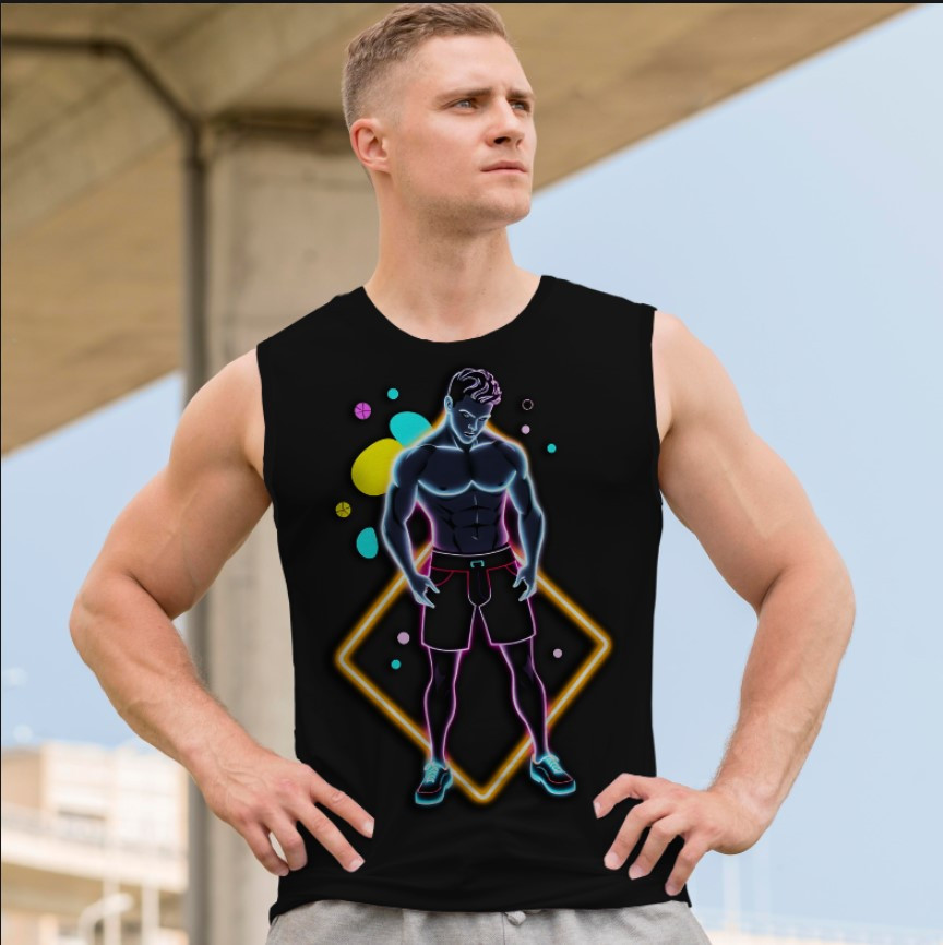 Футболка безрукавка майка "Арт неон фітнес чоловік м'язи" ВСІ Розміри Преміум тканина