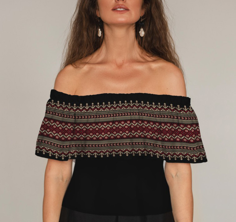 Блуза ЛАДА Вишиванка з воланом і відкритими плечима вишиванка чорно червона ВСІ Розміри Преміум тканина