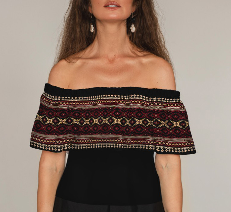 Блуза ЛАДА Вишиванка з воланом і відкритими плечима вишиванка чорно червона 1 ВСІ Розміри Преміум тканина