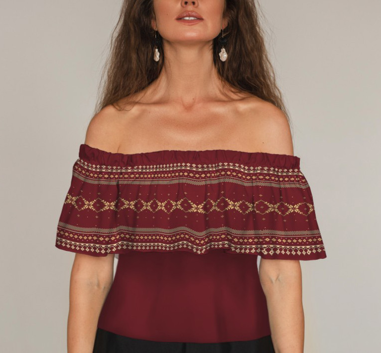 Блуза ЛАДА Вишиванка з воланом і відкритими плечима вишиванка червона орнамент ВСІ Розміри Преміум тканина