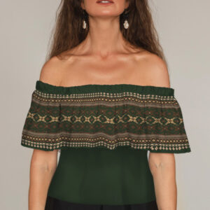 Блуза ЛАДА Вишиванка з воланом і відкритими плечима вишиванка зелена орнамент ВСІ Розміри Преміум тканина