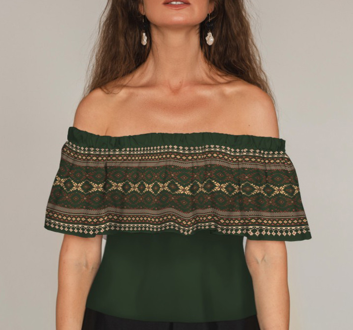 Блуза ЛАДА Вишиванка з воланом і відкритими плечима вишиванка зелена орнамент ВСІ Розміри Преміум тканина