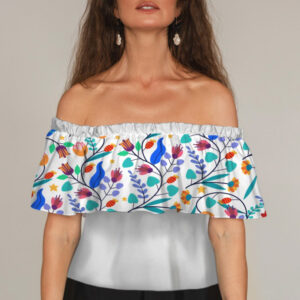 Блуза ЛАДА Вишиванка з воланом і відкритими плечима біла з квітами акварель ВСІ Розміри Преміум тканина