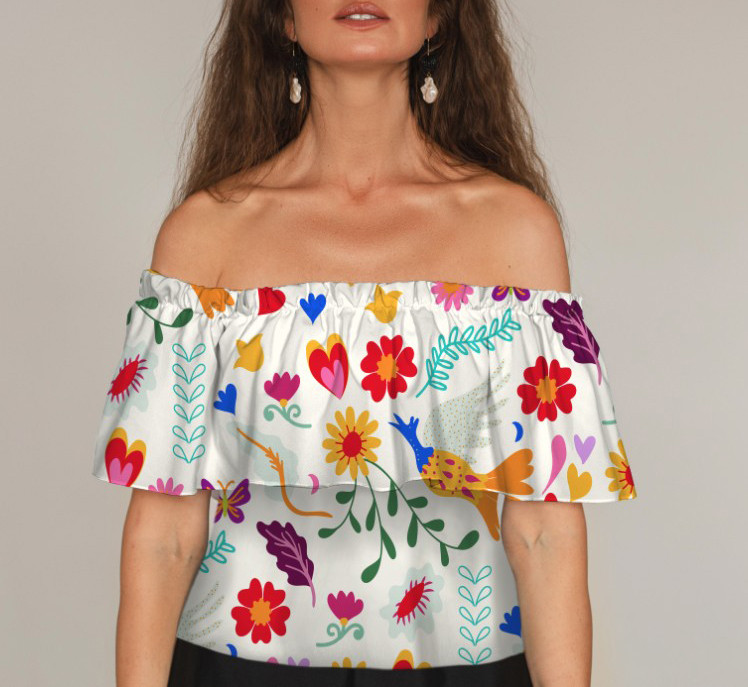 Блуза ЛАДА Вишиванка з воланом і відкритими плечима біла з квітами розпис ВСІ Розміри Преміум тканина