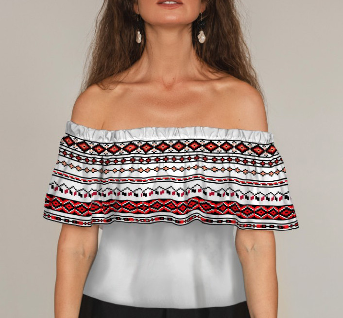 Блуза ЛАДА Вишиванка з воланом і відкритими плечима біла вишиванка червона ВСІ Розміри Преміум тканина