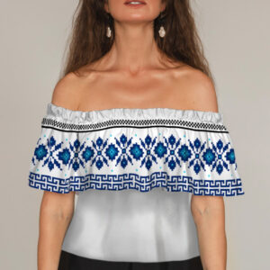 Блуза ЛАДА Вишиванка з воланом і відкритими плечима біла блакитна вишиванка орнамент ВСІ Розміри Преміум тканина