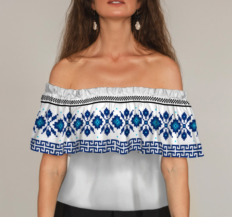 Блуза ЛАДА Вишиванка з воланом і відкритими плечима біла блакитна вишиванка орнамент ВСІ Розміри Преміум тканина
