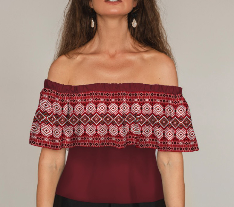 Блуза ЛАДА Вишиванка з воланом і відкритими плечима червона вишиванка орнамент ВСІ Розміри Преміум тканина