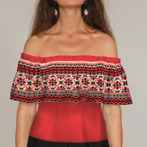Блуза ЛАДА Вишиванка з воланом і відкритими плечима червона вишиванка квітковий орнамент ВСІ Розміри Преміум тканина
