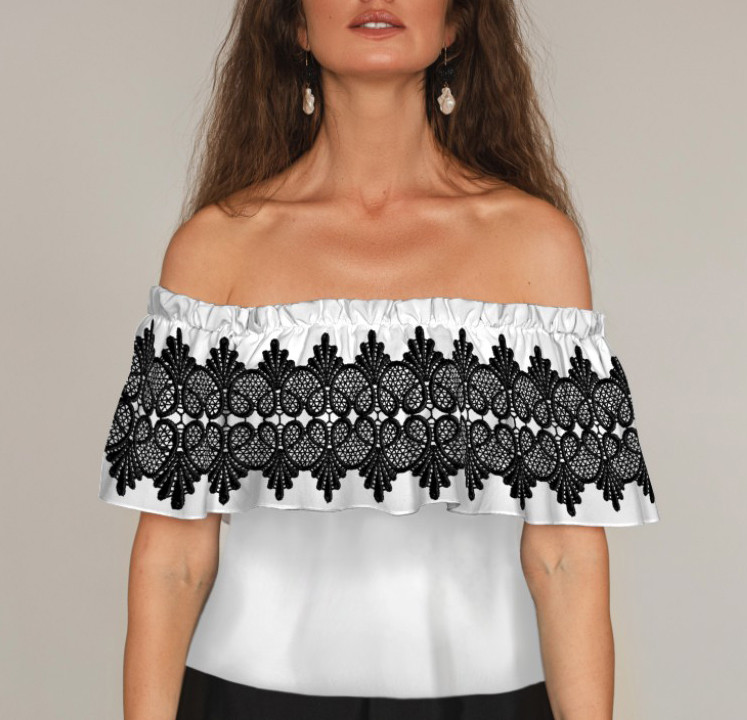 Блуза ЛАДА Вишиванка з воланом і відкритими плечима біла з чорним мереживом ВСІ Розміри Преміум тканина