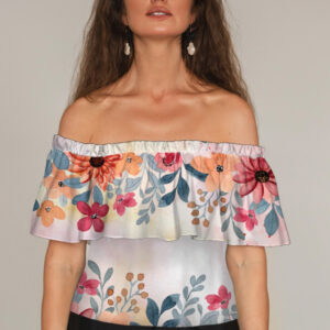 Блуза ЛАДА Вишиванка з воланом і відкритими плечима біла з квітами акварель ВСІ Розміри Преміум тканина