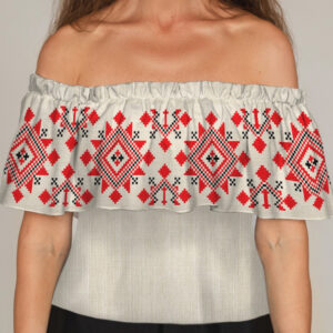 Блуза ЛАДА Вишиванка з воланом і відкритими плечима червоно біла вишиванка 3 ВСІ Розміри Преміум тканина