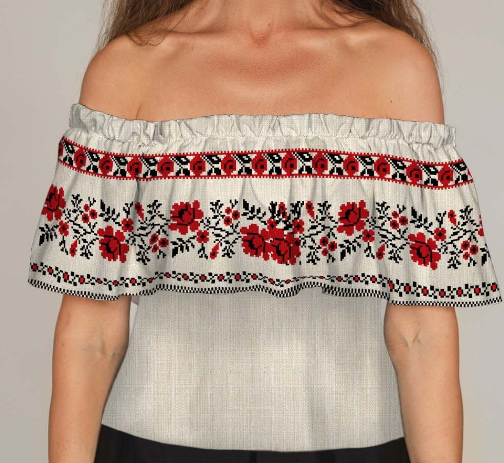 Блуза ЛАДА Вишиванка з воланом і відкритими плечима червоно біла вишиванка квітковий орнамент ВСІ Розміри Преміум тканина
