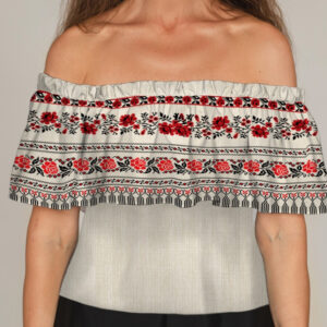 Блуза ЛАДА Вишиванка з воланом і відкритими плечима червоно біла вишиванка квітковий орнамент 2 ВСІ Розміри Преміум тканина