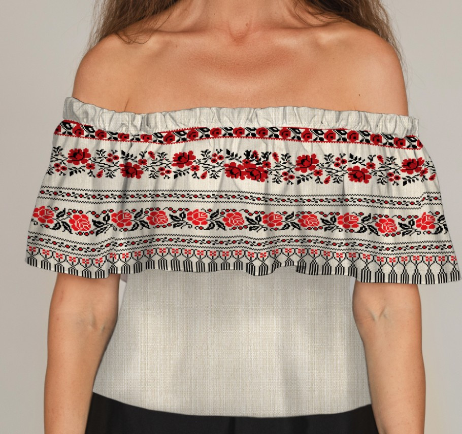 Блуза ЛАДА Вишиванка з воланом і відкритими плечима червоно біла вишиванка квітковий орнамент 2 ВСІ Розміри Преміум тканина