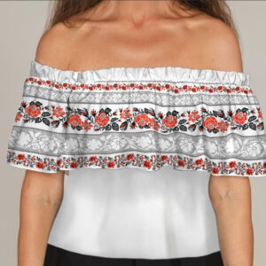 Блуза ЛАДА Вишиванка з воланом і відкритими плечима червоно біла вишиванка квітковий орнамент троянди ВСІ Розміри Преміум тканина