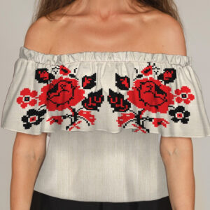 Блуза ЛАДА Вишиванка з воланом і відкритими плечима червоно біла вишиванка з трояндами ВСІ Розміри Преміум тканина