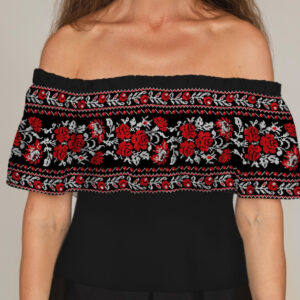 Блуза ЛАДА Вишиванка з воланом і відкритими плечима червоно чорна вишиванка з трояндами ВСІ Розміри Преміум тканина