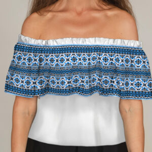 Блуза ЛАДА Вишиванка з воланом і відкритими плечима синьо біла вишиванка ВСІ Розміри Преміум тканина