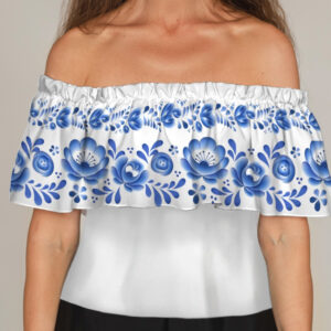 Блуза ЛАДА Вишиванка з воланом і відкритими плечима біла вишиванка з блакитними квітами ВСІ Розміри Преміум тканина