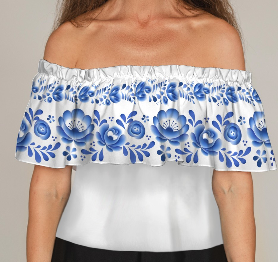 Блуза ЛАДА Вишиванка з воланом і відкритими плечима біла вишиванка з блакитними квітами ВСІ Розміри Преміум тканина