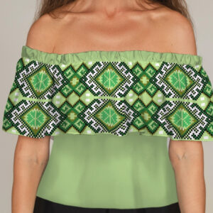 Блуза ЛАДА Вишиванка з воланом і відкритими плечима салатова вишиванка ВСІ Розміри Преміум тканина
