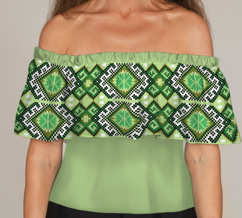 Блуза ЛАДА Вишиванка з воланом і відкритими плечима салатова вишиванка ВСІ Розміри Преміум тканина