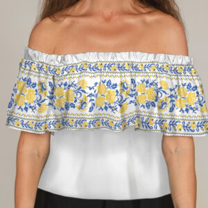 Блуза ЛАДА Вишиванка з воланом і відкритими плечима вишиванка жовто блакитна з квітковим орнаментом ВСІ Розміри Преміум тканина