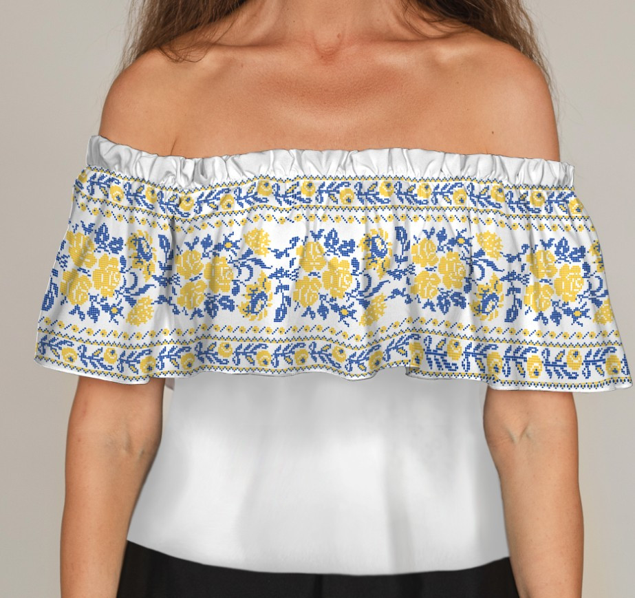 Блуза ЛАДА Вишиванка з воланом і відкритими плечима вишиванка жовто блакитна з квітковим орнаментом ВСІ Розміри Преміум тканина