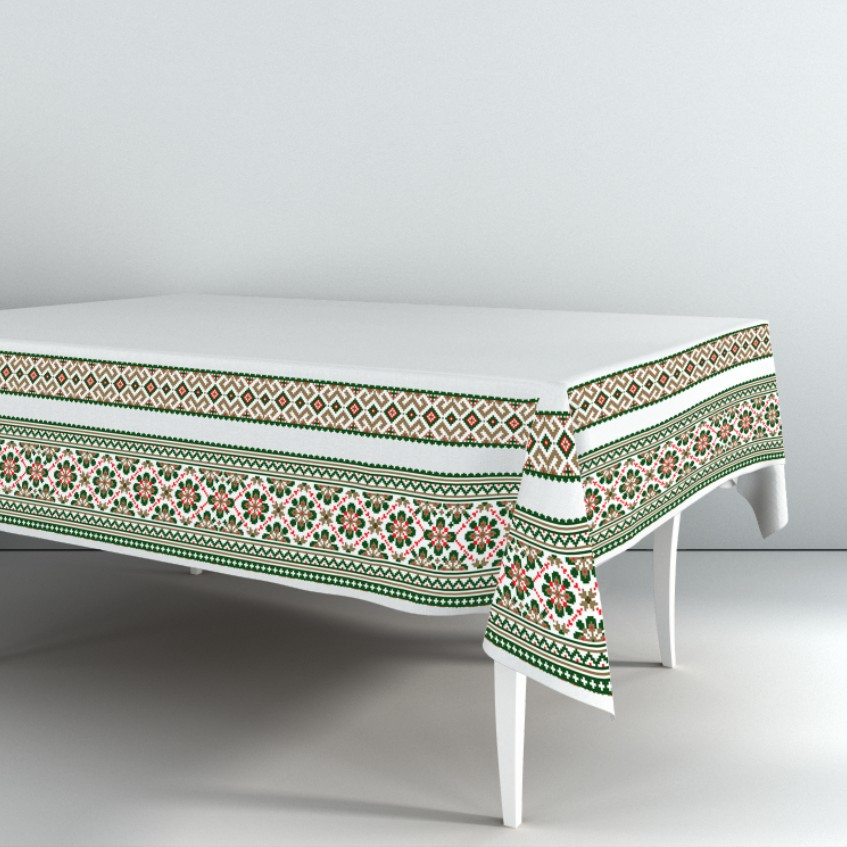 Скатертина з принтом Вишиванка салатова біла орнамент