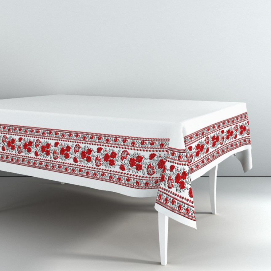 Скатертина з принтом Вишиванка червона біла квітковий орнамент троянди