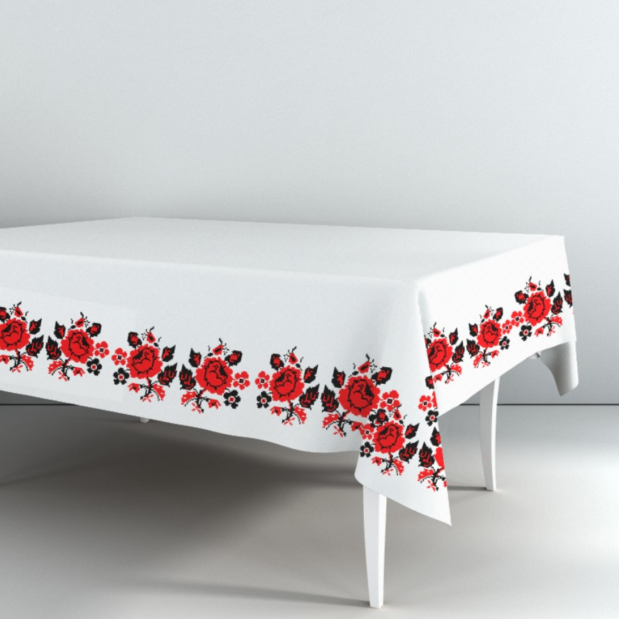 Скатертина з принтом Вишиванка червона біла квітковий орнамент троянди 1