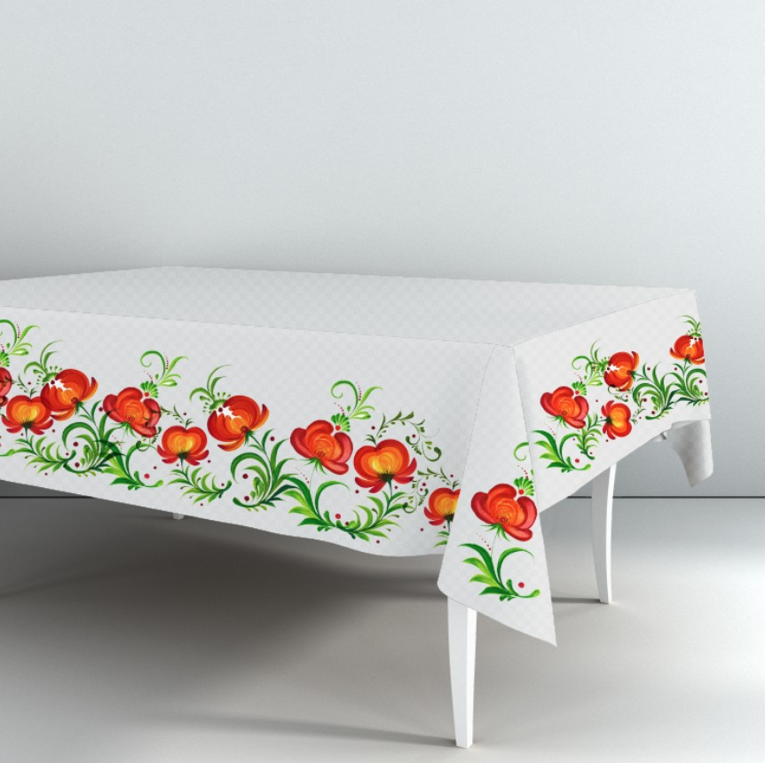 Скатертина з принтом петриківська розпис червона біла квіти