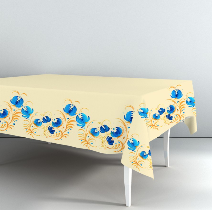 Скатертина з принтом петриківська розпис кремова з жовто блакитними квітами