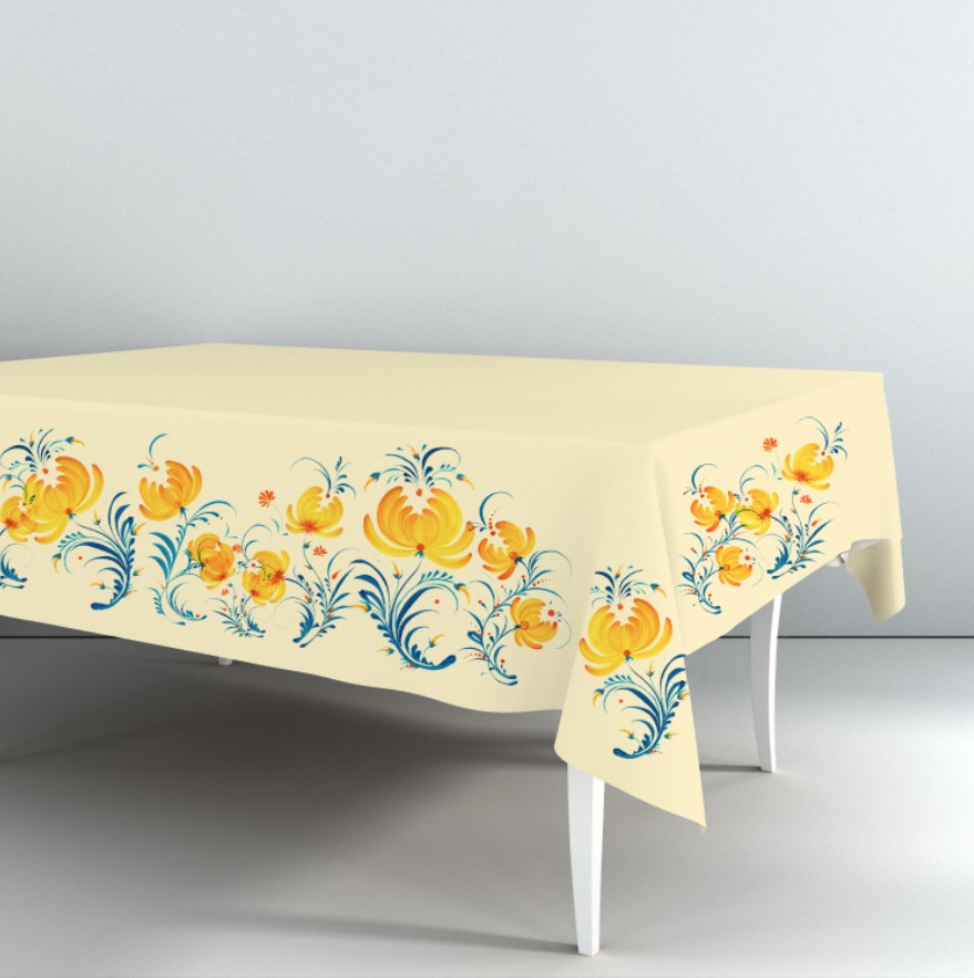 Скатертина з принтом петриківська розпис кремова з жовто блакитними квітами 1