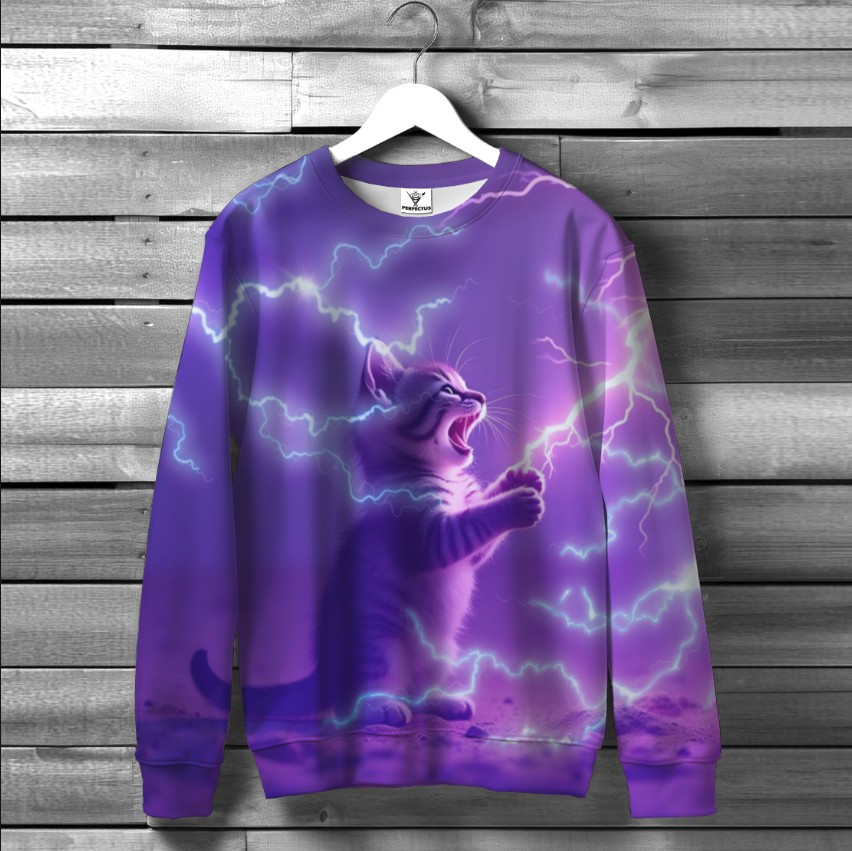 Світшот "З принтом маленьке кошеня блискавки фіолетовий" оверсайз унісекс ВСІ розміри Преміум тканина