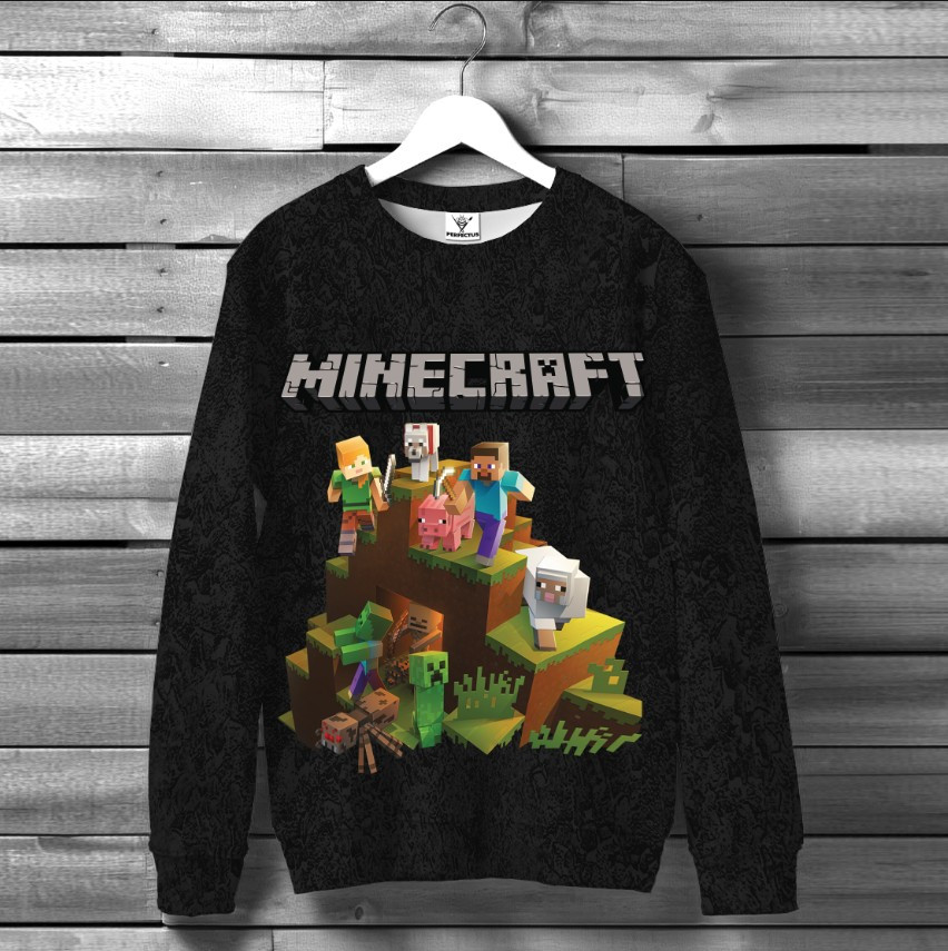 Світшот "З принтом Майнкрафт герої гри на чорному фоні" оверсайз унісекс ВСІ розміри Преміум тканина