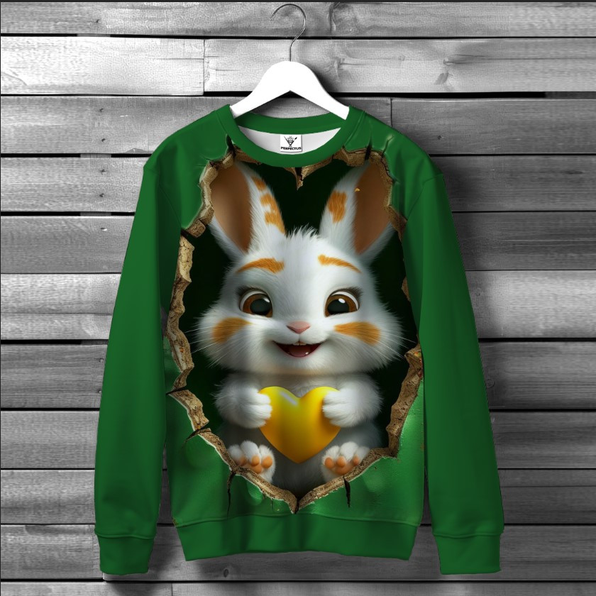 Світшот "Зелений з білим зайченятком в дублі" оверсайз унісекс ВСІ розміри Преміум тканина