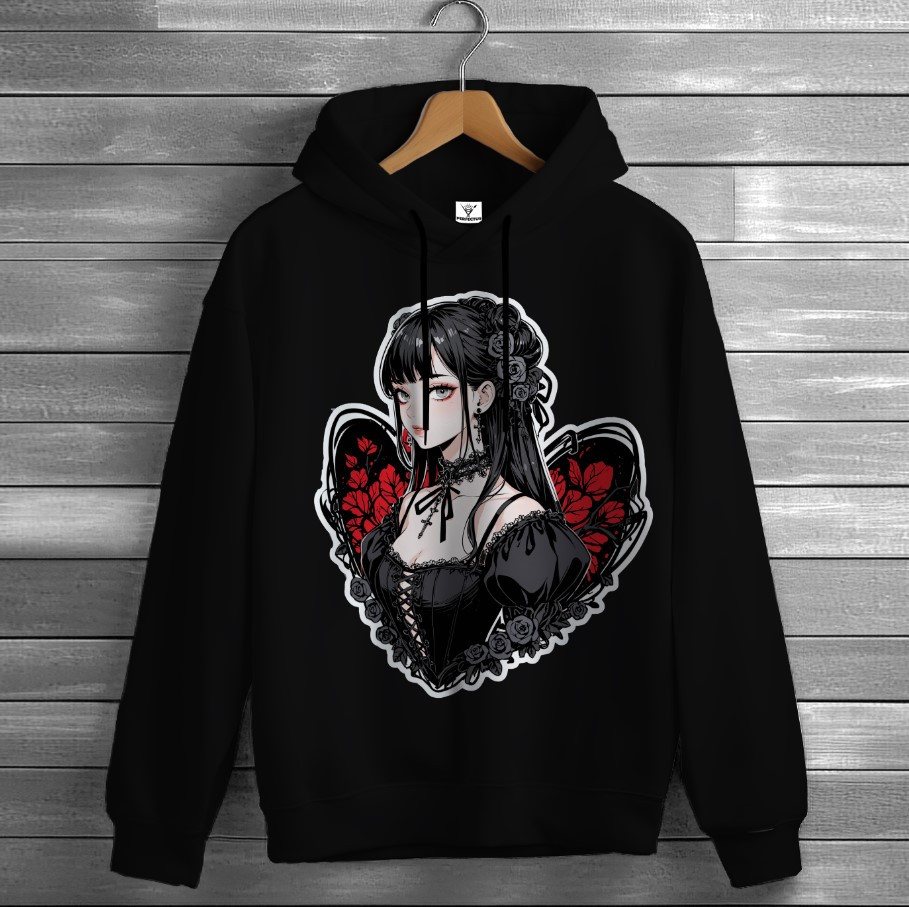 Толстівка Аніме дівчина в чорному платті худі оверсайз унісекс ВСІ розміри Преміум тканина